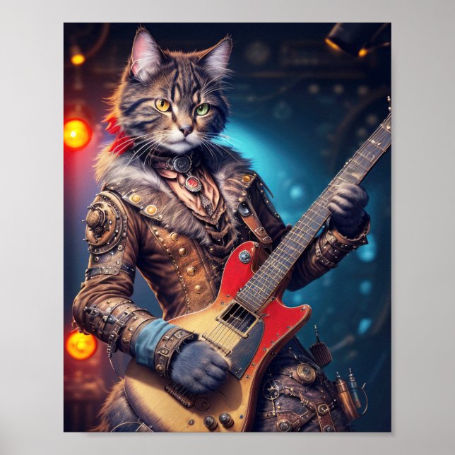 Poster Gato de rock steampunk tocando violão em um palco  (Frente)
