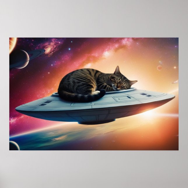 Poster Gato de Saucer Voador do Espaço Exterior (Frente)