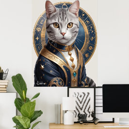 Poster Gato de Shorthair majestoso americano em azul e Do
