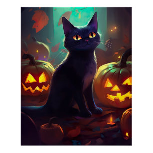 Póster Gato de Smoking de Halloween com Abóboras Assustad