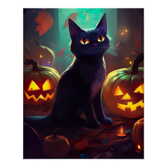 Póster Gato de Smoking de Halloween com Abóboras Assustad (Frente)
