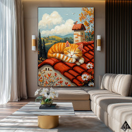 Poster Gato de Telhado Preguiçoso - Arte Naïf Cozy Countr