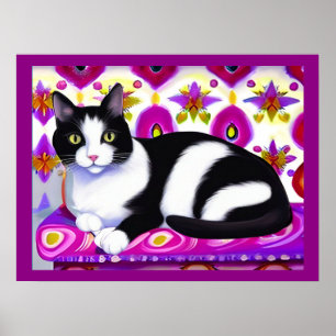 Poster Gato de Tuxedo preto e branco em uma almofada
