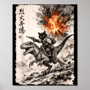 Poster Gato dinossauro erupção vulcânica anime vintage