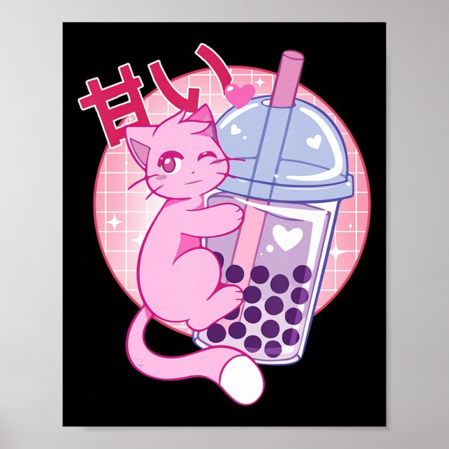 Poster Gato Divertido Boba Tea Bubble Tea Anime Kawaii Gi (Frente)