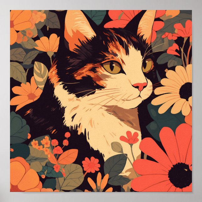 Poster Gato do Calico Elegante no Jardim Floral Matte (Frente)