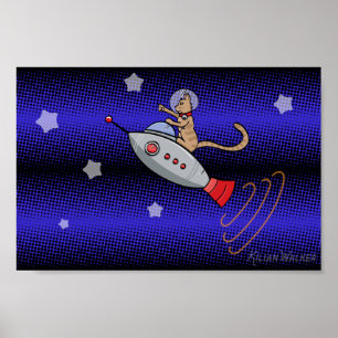 Poster Gato do espaço em um Rocketship retro