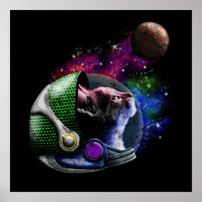 Poster Gato do Espaço Gasto com Nebulosa Galáxica com Cap (Frente)