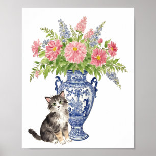 Poster gato do estilo chinoiserie com flor vaso colorida