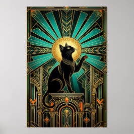 Poster Gato do Trono Esmeralda Art Deco com Auréola Esmer