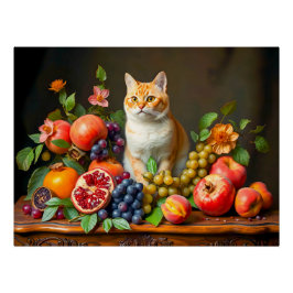 Póster Gato Doméstico Entre Frutas e Flores