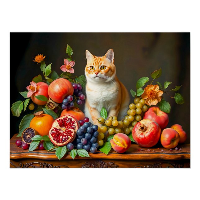 Póster Gato Doméstico Entre Frutas e Flores (Frente)