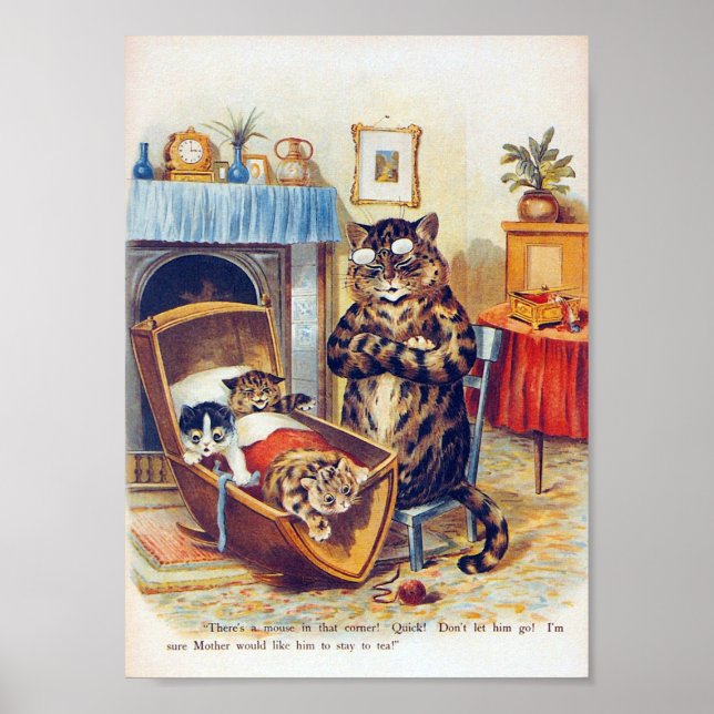 Poster Gato Dozinho e Gato Bebê, Louis Wain (Frente)