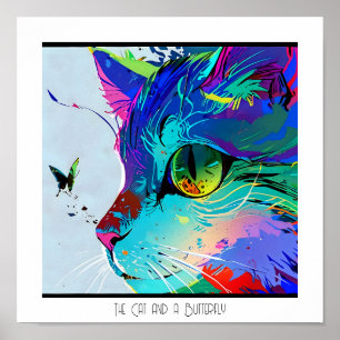 Poster Gato e borboleta abstrato artísticos coloridos