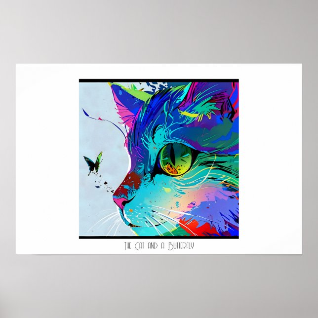 Poster Gato e borboleta abstrato artísticos coloridos (Frente)