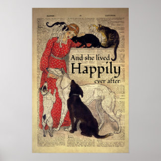 Poster Gato E Cachorro E Ela Vivia Feliz Sempre