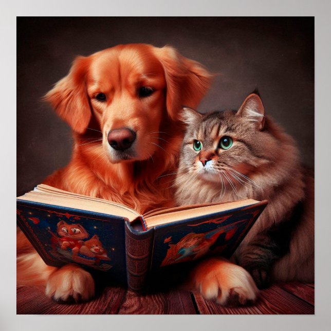 Poster Gato e cão lendo um livro (Frente)