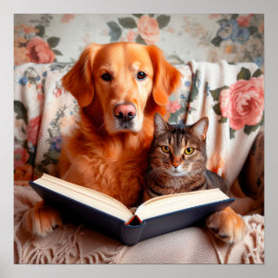 Poster Gato e cão lendo um livro