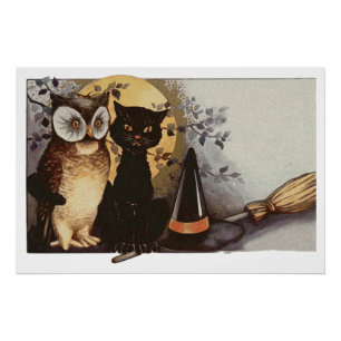 Póster Gato e Coruja Pretos do Halloween