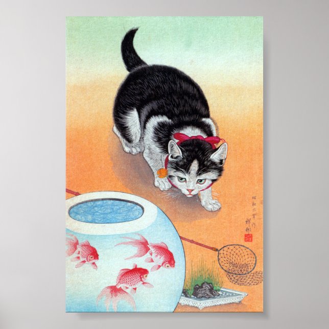Poster Gato e Fishbowl - Ohara Koson, mantido (Frente)