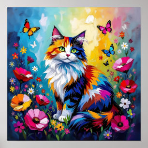 Poster Gato e Flores Coloridos e com Impasto Bonito
