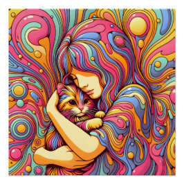 Póster Gato e Garota Psicodélica