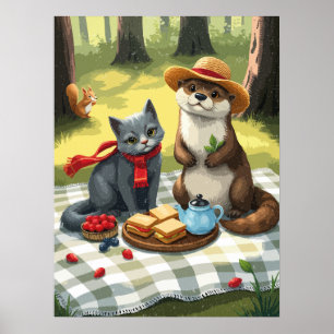 Poster gato e lontra tendo um piquenique florestal