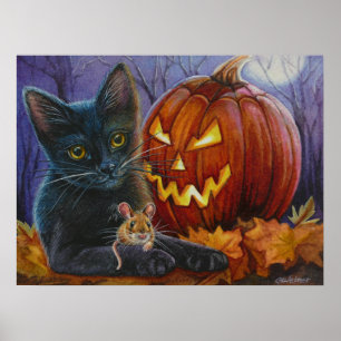 Poster Gato e Rato Halloween Nº 2 Aquarela Art 18x24