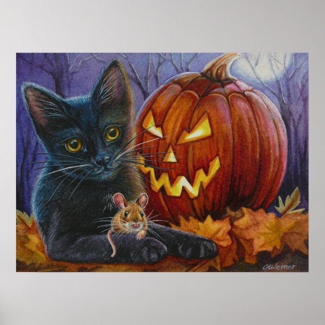 Poster Gato e Rato Halloween Nº 2 Aquarela Art 18x24 (Frente)