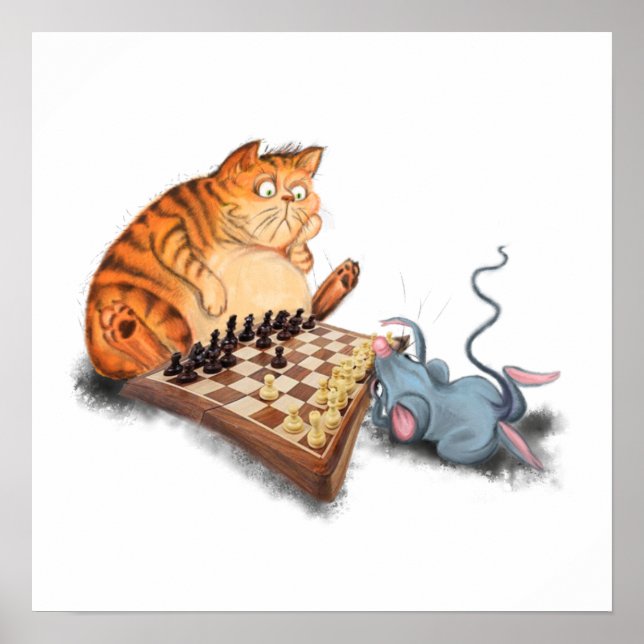 Poster Gato e Rato Jogando Xadrez Desenho de Cartoon Engr (Frente)