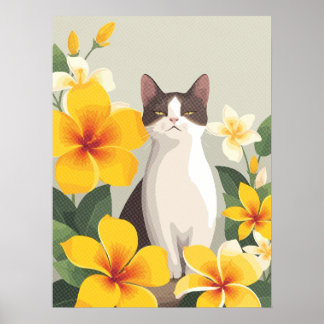 Poster Gato Elegante com Flores de Plumeria Amarelas