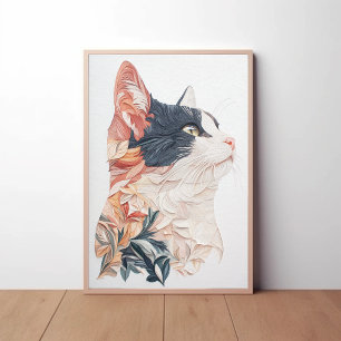 Poster Gato Elegante de Tuxedo com Motif Folha - Arte em