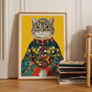 Poster Gato em Estampa de Quimono Colorida Estampa de Gat
