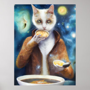 Poster Gato em macacão comendo sopa feita de galáxias