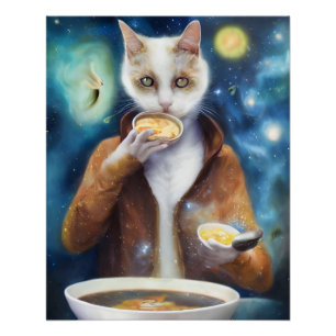Póster Gato em macacão comendo sopa feita de galáxias p