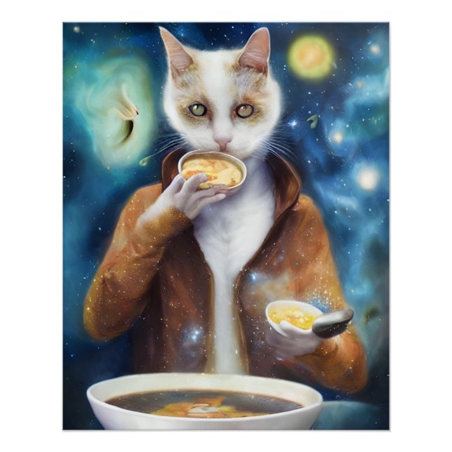 Póster Gato em macacão comendo sopa feita de galáxias p (Frente)