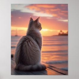 Poster Gato em um Pier com um Pôr do Sol e Fundo Oceânico