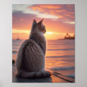 Poster Gato em um Pier com um Pôr do Sol e Panorama Oceân