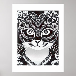 Poster Gato em uma Máscara Mardi Branca e Preta