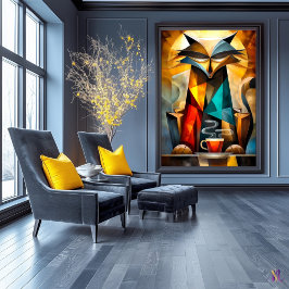 Poster Gato Encantador - Filósofo Cubista com Café