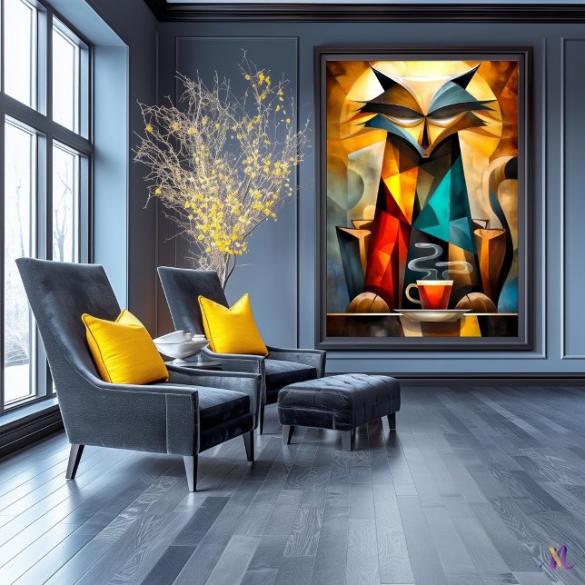 Poster Gato Encantador - Filósofo Cubista com Café (Criador carregado)