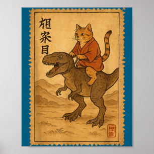 Poster Gato Engraçado Andando em Dinossauro Cartoon Ninja