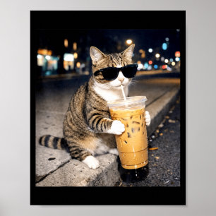 Poster Gato engraçado bebendo café gelado meme animal par