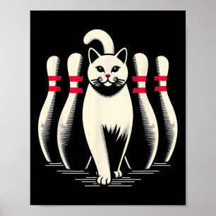 Poster Gato engraçado branco jogando boliche retrô vintag