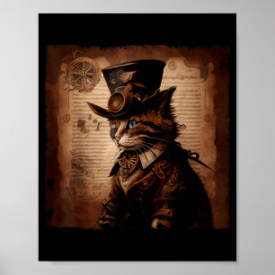Poster Gato Engraçado Caubói Steampunk