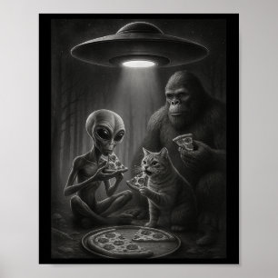 Poster Gato Engraçado Com Alienígena E Pizza De Comida De