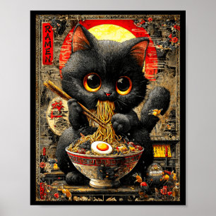 Poster Gato engraçado de ramen amantes de macarrão anime