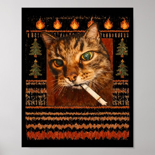 Poster Gato Engraçado Fumando Meme Natal Feio  (Frente)