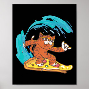 Poster Gato engraçado legal surfando numa fatia de pizza