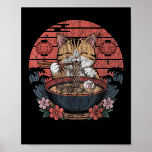 Poster Gato Engraçado Ramen Graphic Tee Japonês Anime Kaw